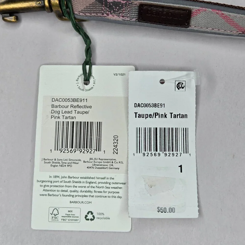 NWT Barbour Reflective Tartan Dog Lead Taupe/Pink 40